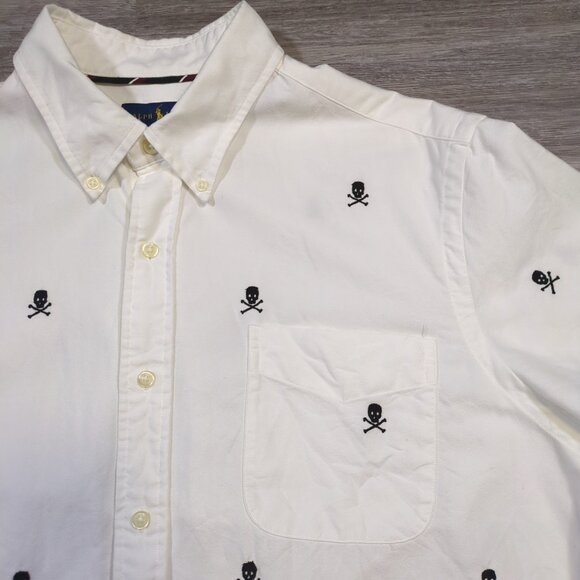 Polo Ralph Lauren Men's XL Button Down Short Sleeve Skulls Embroidered White - Picture 4 of 11
